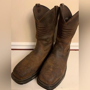 My son outgrew his boots.. Composite toe and waterproof. 
Size 10 Ariat Brand